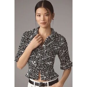 Anthropologie Maeve Smocked Button-Front Top Black & White Pattern S Spring